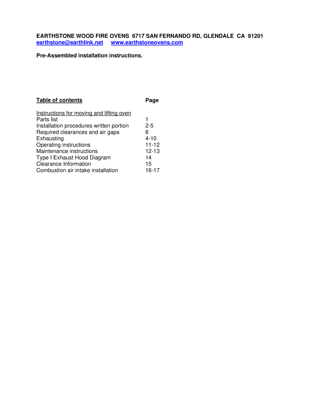 EarthStone woofire oven Pre-Assembled installation instructions Table of contents 