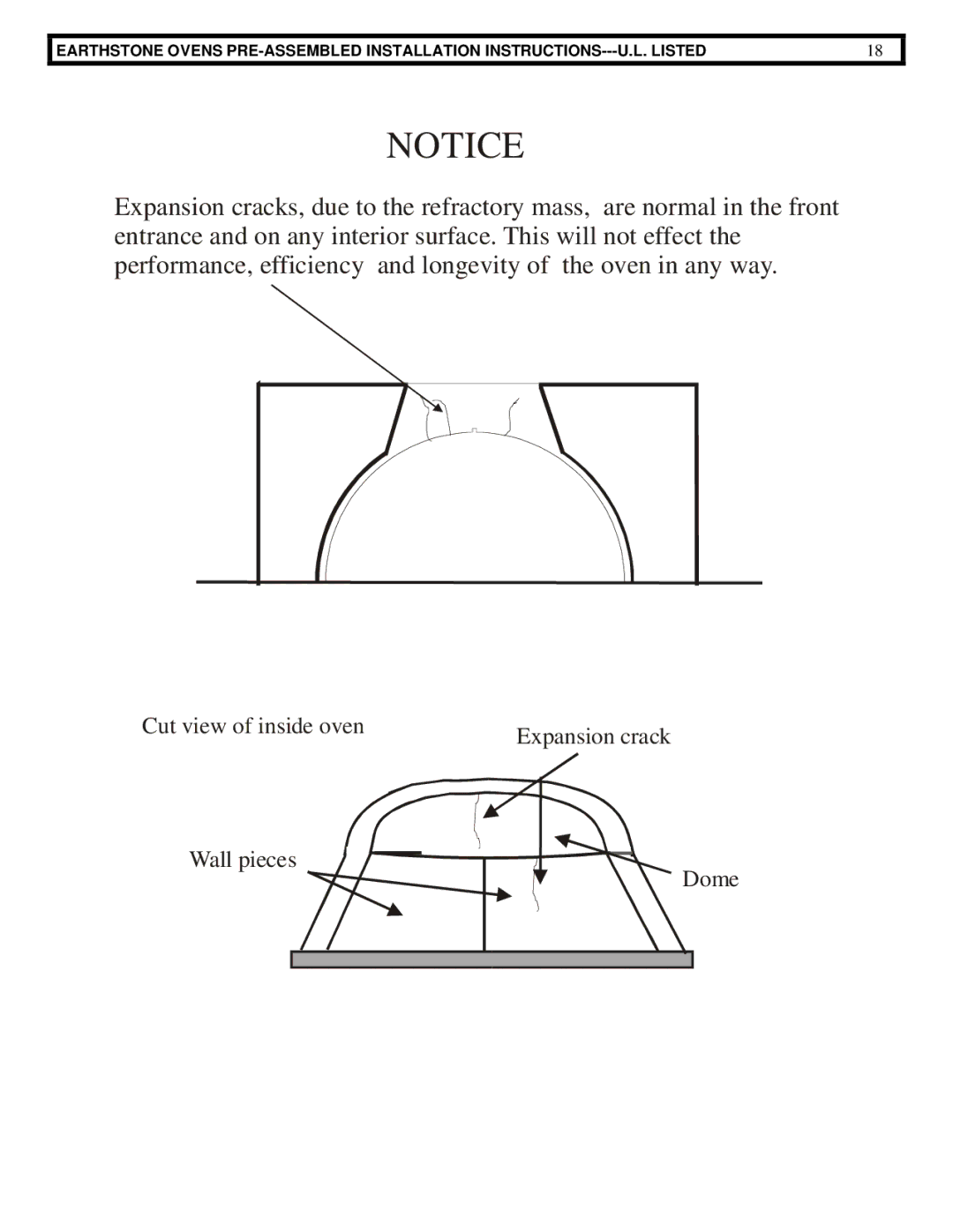 EarthStone woofire oven installation instructions Cut view of inside oven Expansion crack Wall pieces Dome 