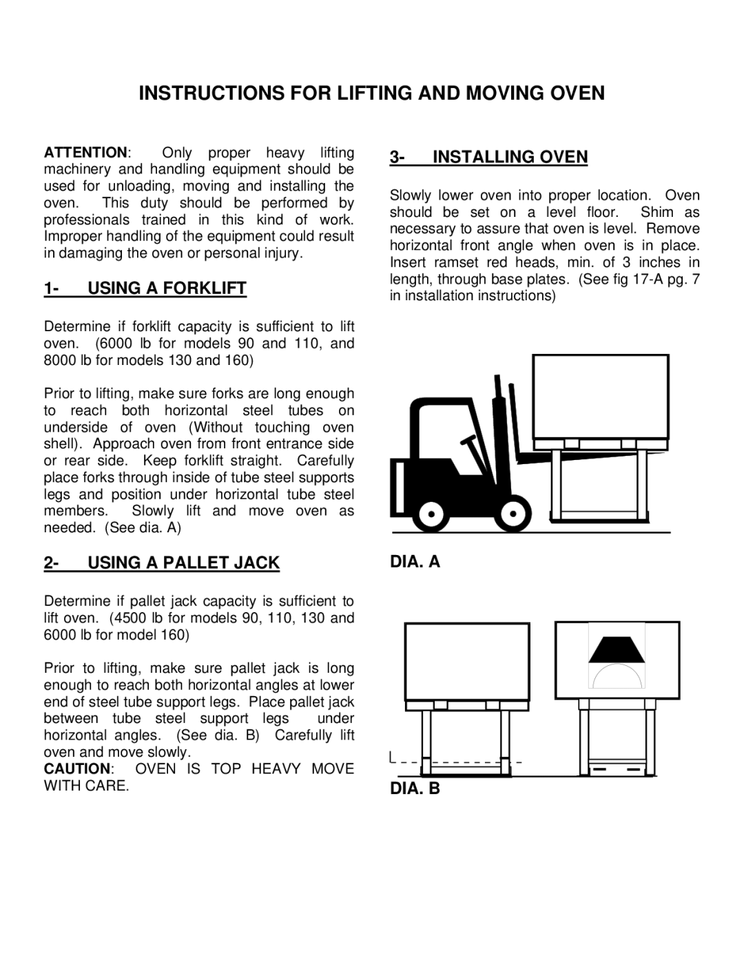 EarthStone woofire oven Instructions for Lifting and Moving Oven, Using a Forklift, Using a Pallet Jack, Installing Oven 