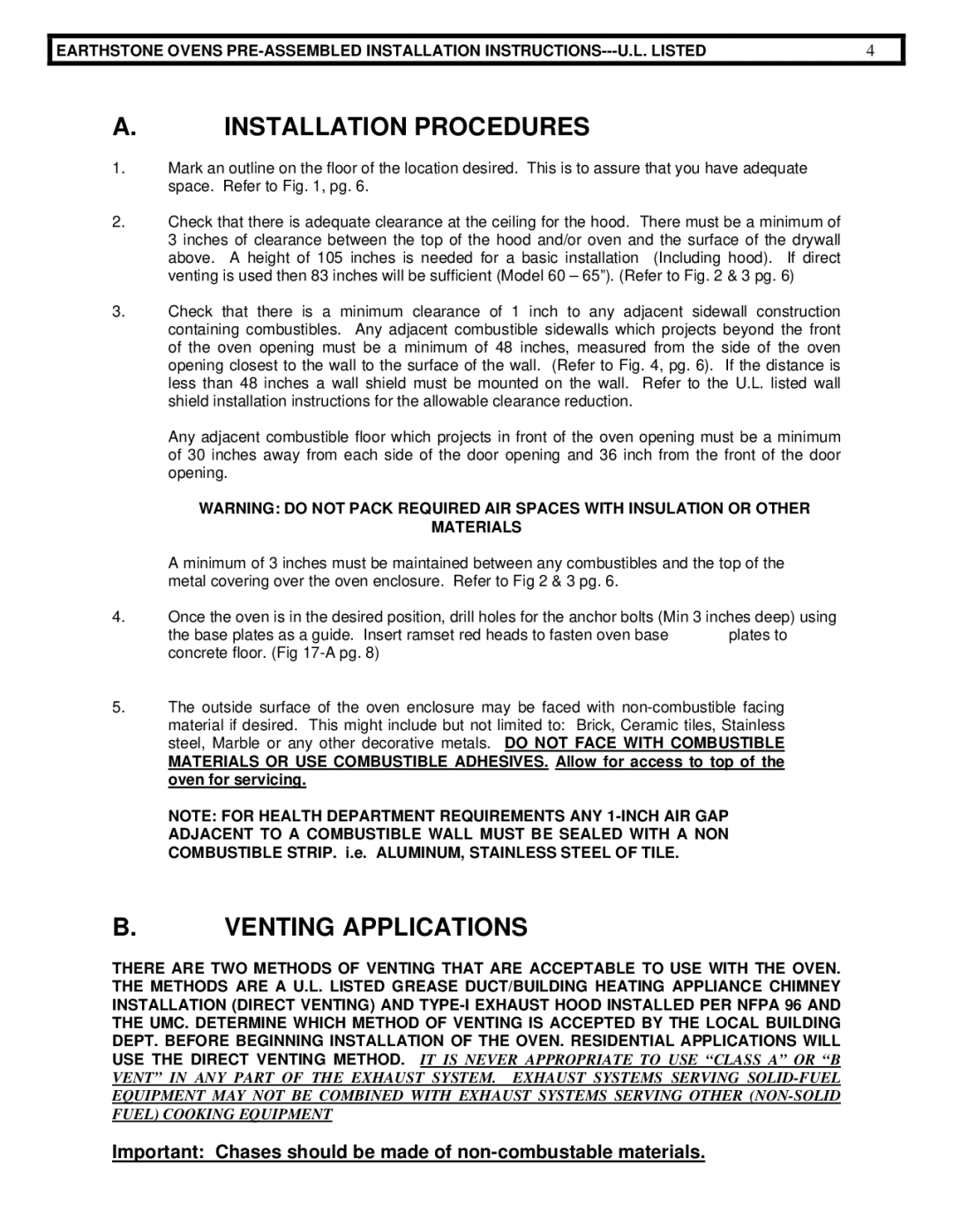 EarthStone woofire oven installation instructions Installation Procedures, Venting Applications, Materials 