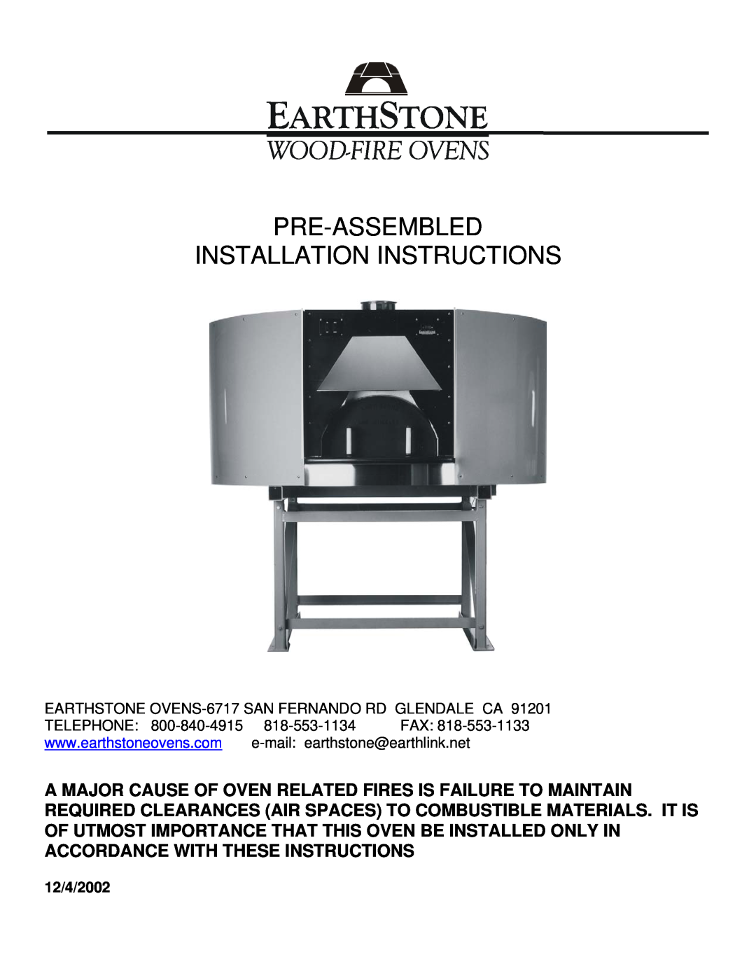 EarthStone woofire oven installation instructions Pre-Assembled Installation Instructions, 12/4/2002 