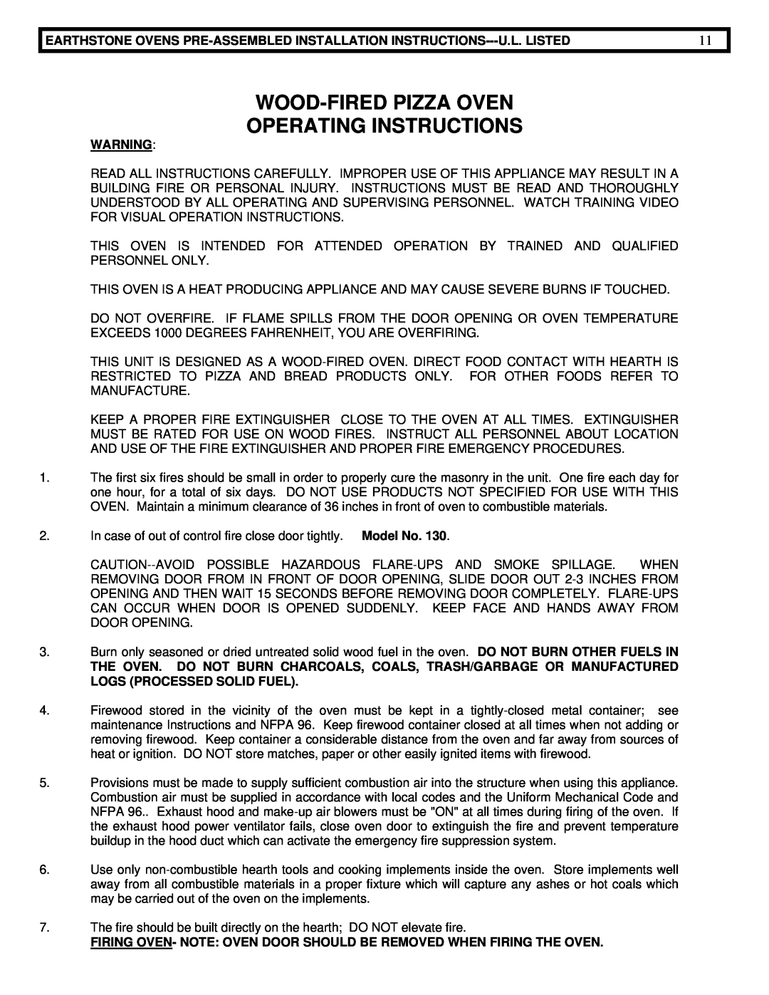 EarthStone woofire oven installation instructions Wood-Firedpizza Oven Operating Instructions 
