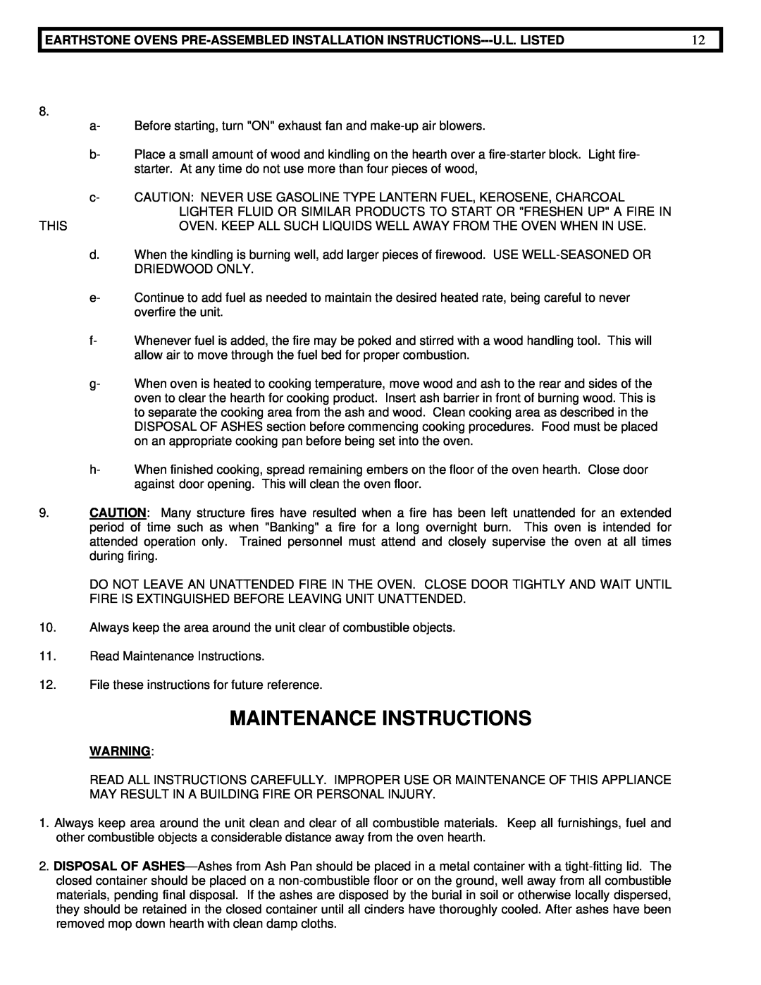 EarthStone woofire oven installation instructions Maintenance Instructions 