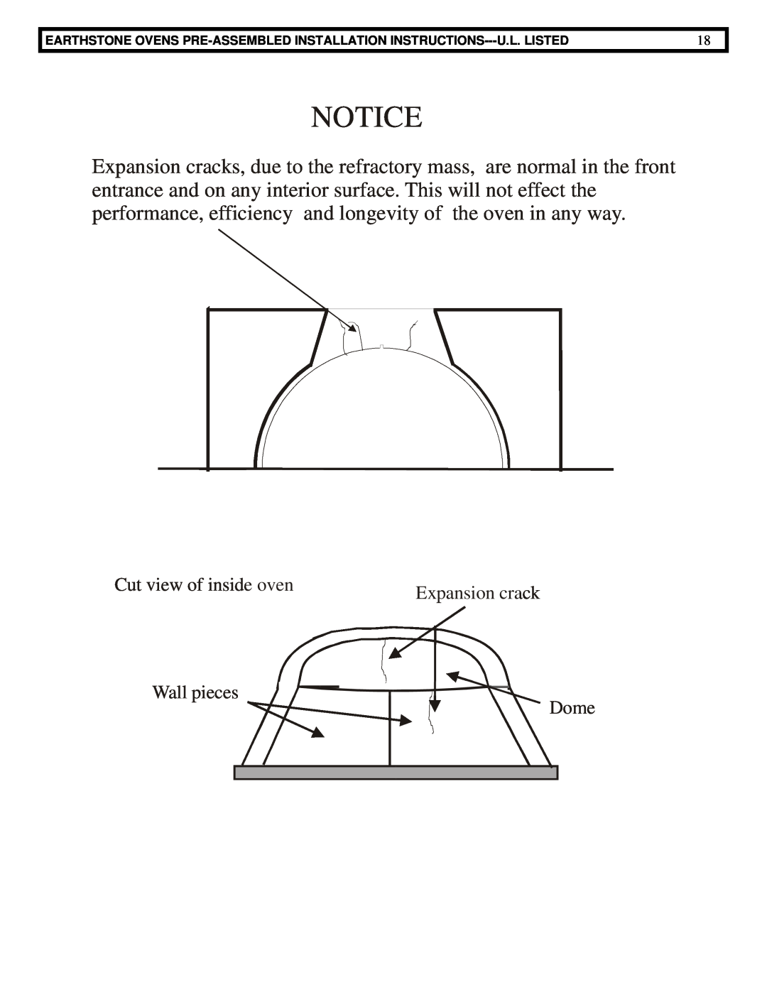 EarthStone woofire oven installation instructions Cut view of inside oven, Expansion crack, Wall pieces Dome 