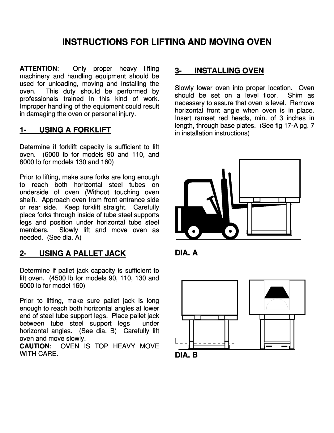 EarthStone woofire oven Instructions For Lifting And Moving Oven, Using A Forklift, Using A Pallet Jack, Installing Oven 