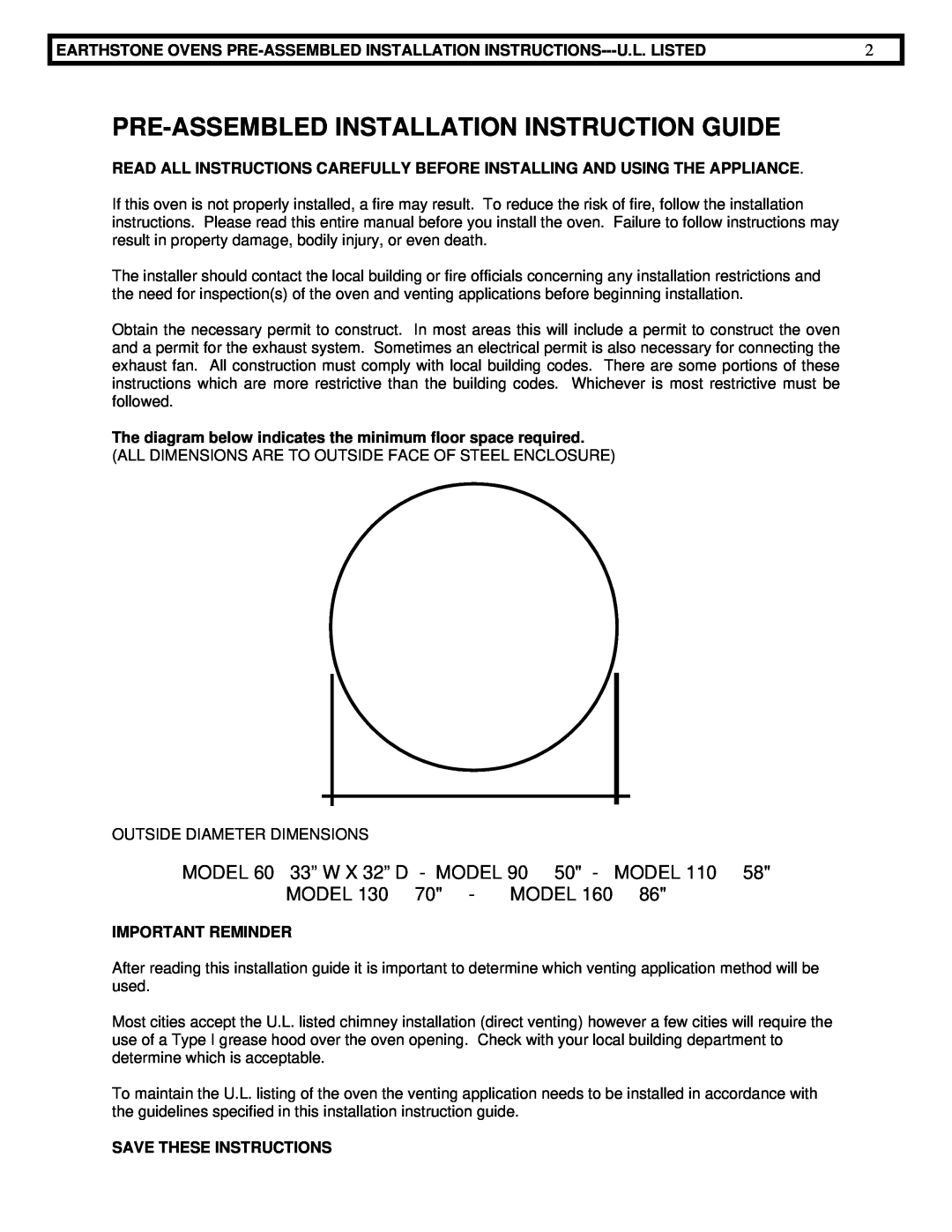 EarthStone woofire oven Pre-Assembledinstallation Instruction Guide, MODEL 60 33” W X 32” D - MODEL, Model 