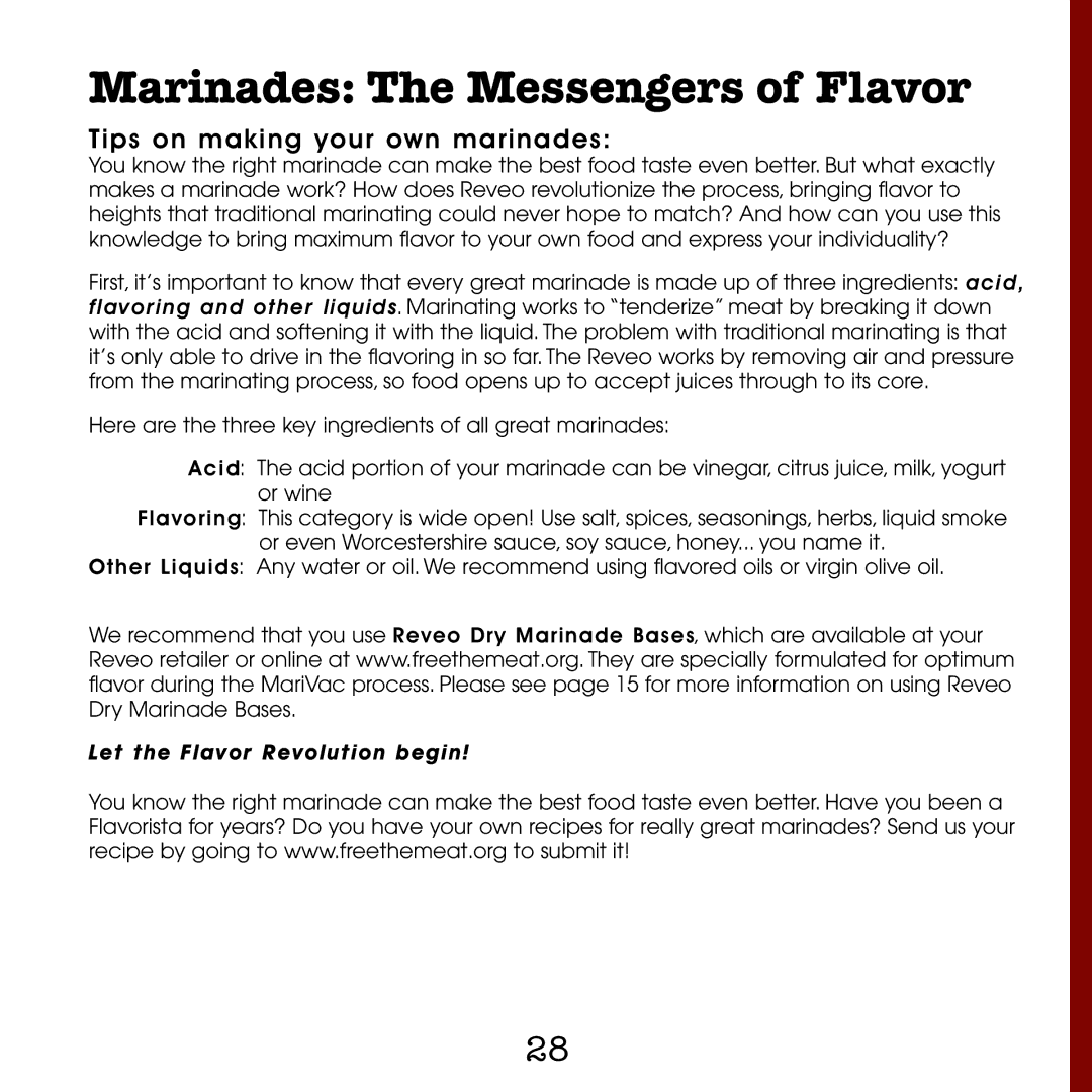 Eastman Outdoors Reveo Food Processor/Tumbler manual Marinades The Messengers of Flavor, Tips on making your own marinades 