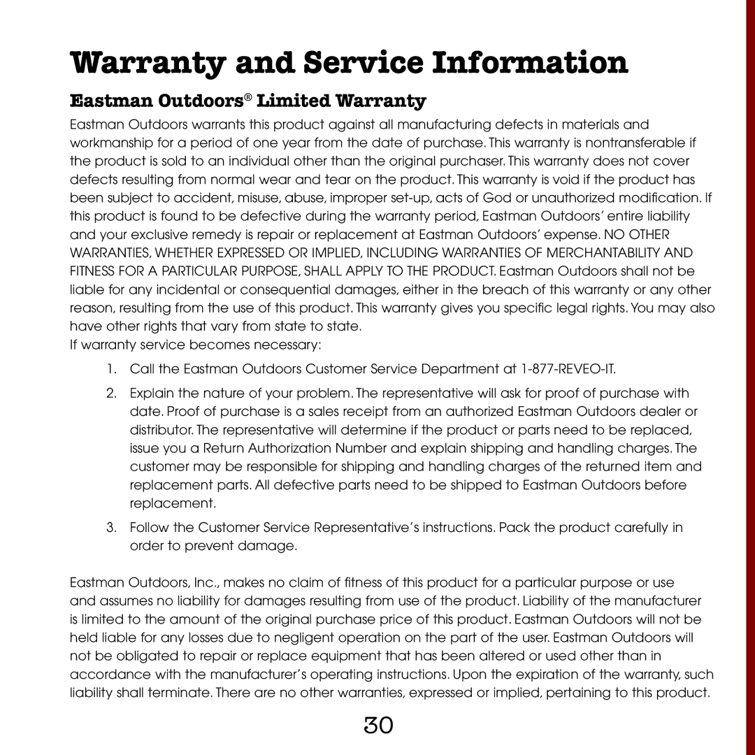 Eastman Outdoors Reveo Food Processor/Tumbler manual Warranty and Service Information, Eastman Outdoors Limited Warranty 