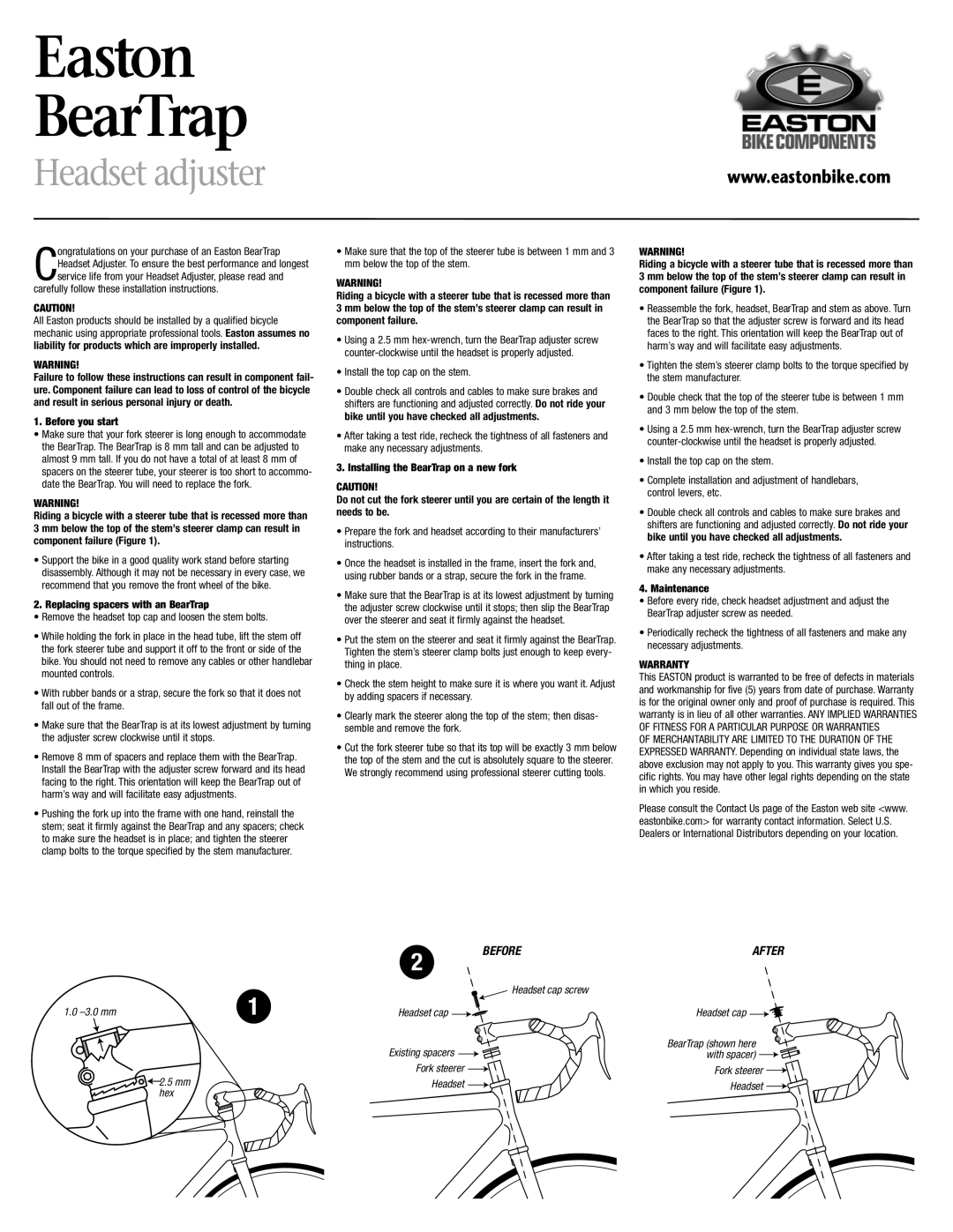 Easton Sports manual Easton BearTrap, Headset adjuster, Before After, Warranty 