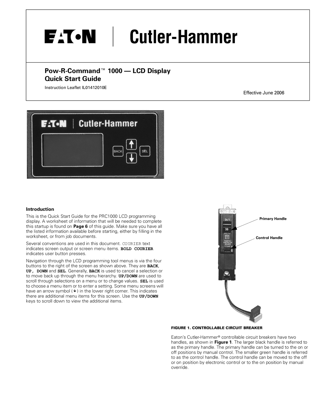 Eaton Electrical quick start Pow-R-Command1000 LCD Display Quick Start Guide, Introduction 