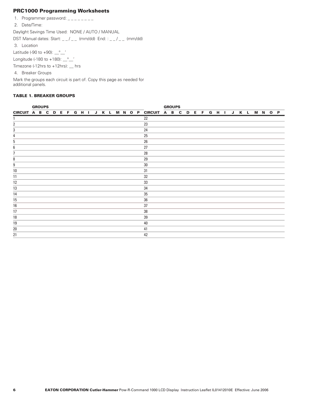 Eaton Electrical quick start PRC1000 Programming Worksheets 