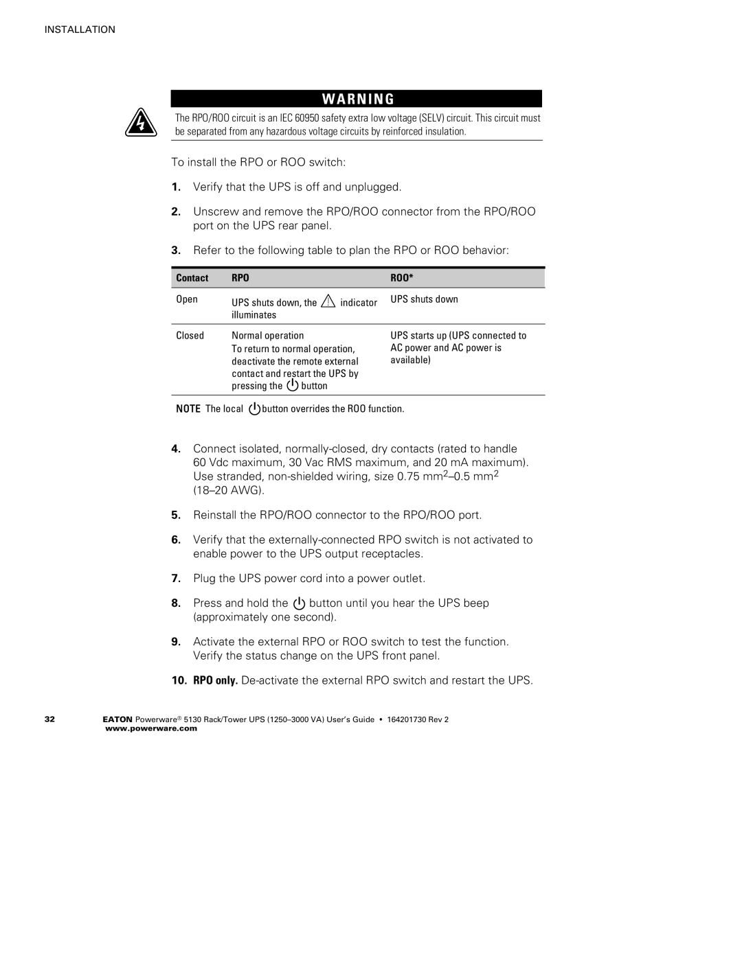 Eaton Electrical 1250-3000 VA manual R N I N G, Contact 