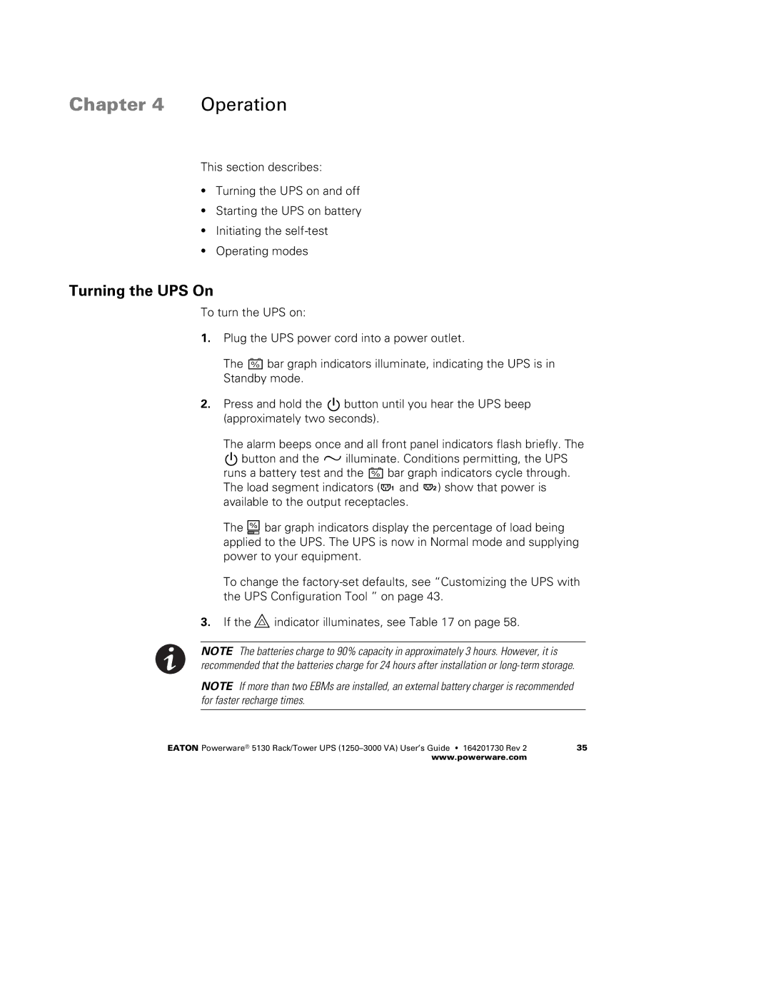 Eaton Electrical 1250-3000 VA manual Chapter Operation, Turning the UPS On 