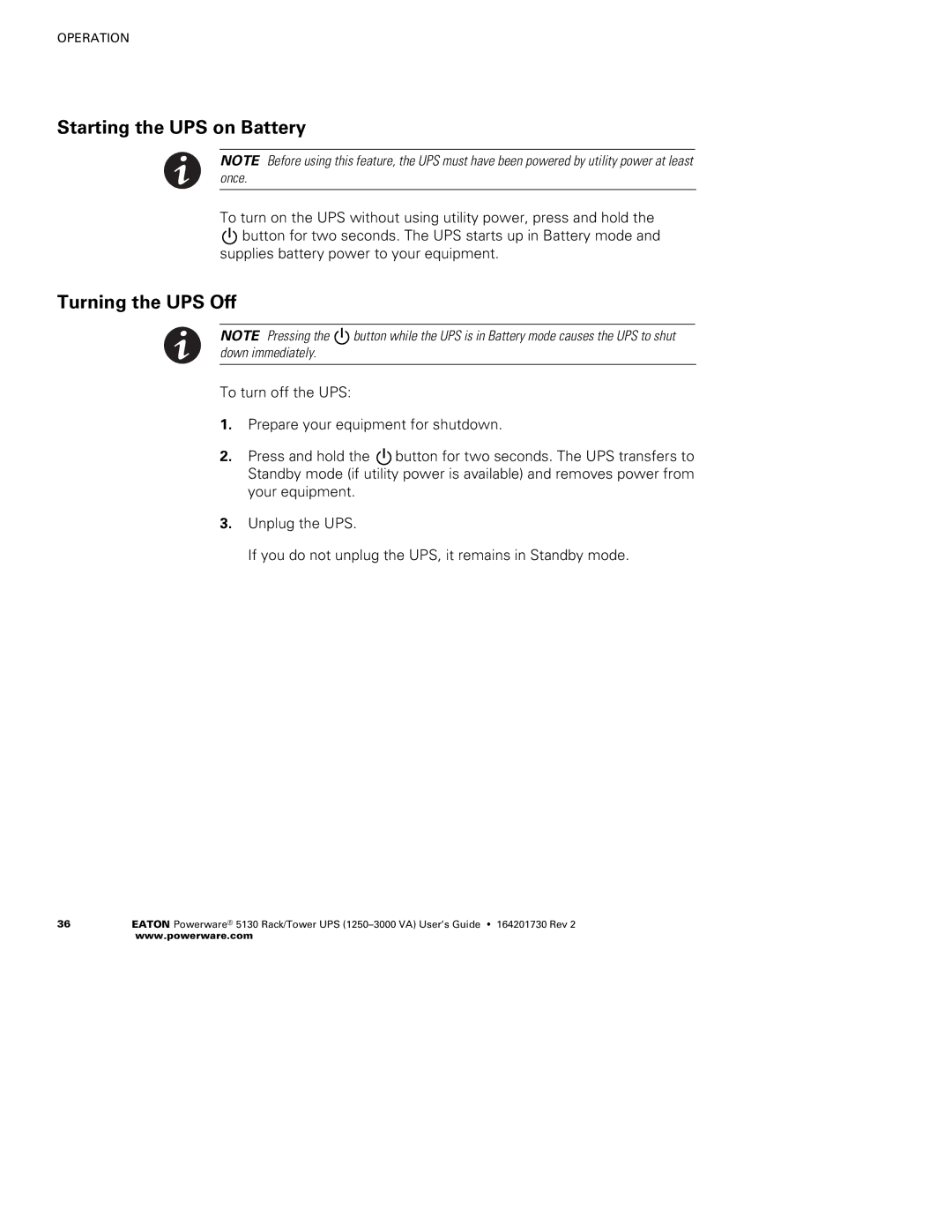 Eaton Electrical 1250-3000 VA manual Starting the UPS on Battery, Turning the UPS Off 