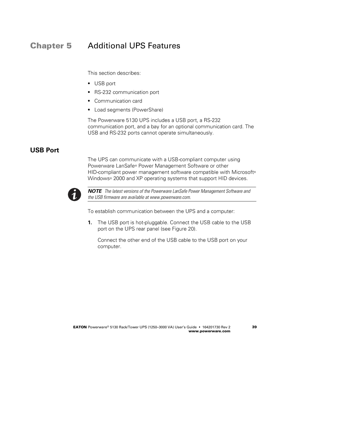 Eaton Electrical 1250-3000 VA manual Additional UPS Features, USB Port 