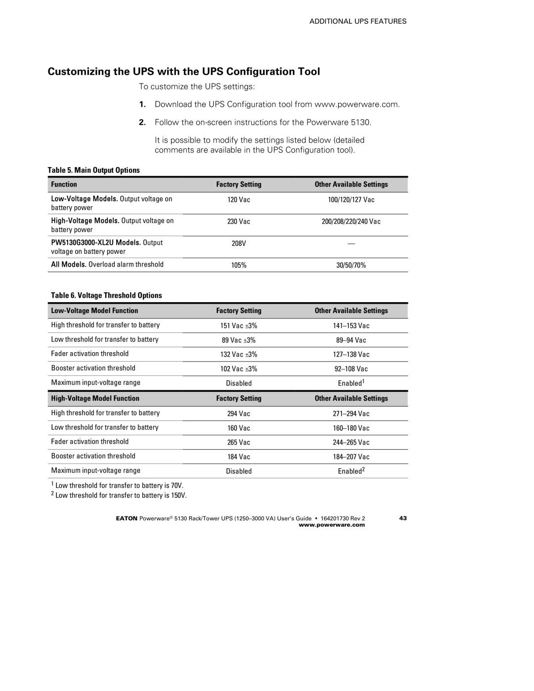 Eaton Electrical 1250-3000 VA manual Customizing the UPS with the UPS Configuration Tool, Main Output Options 