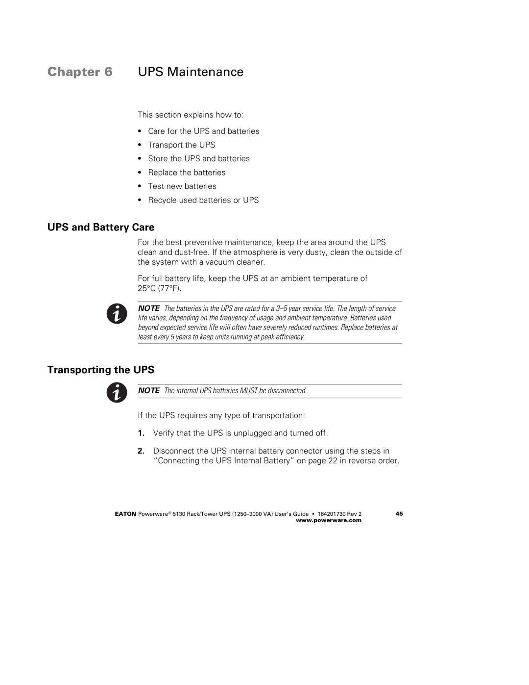 Eaton Electrical 1250-3000 VA manual UPS and Battery Care, Transporting the UPS 