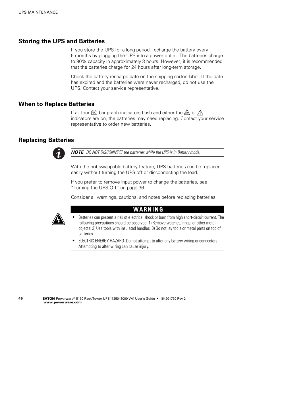 Eaton Electrical 1250-3000 VA manual Storing the UPS and Batteries, When to Replace Batteries, Replacing Batteries 