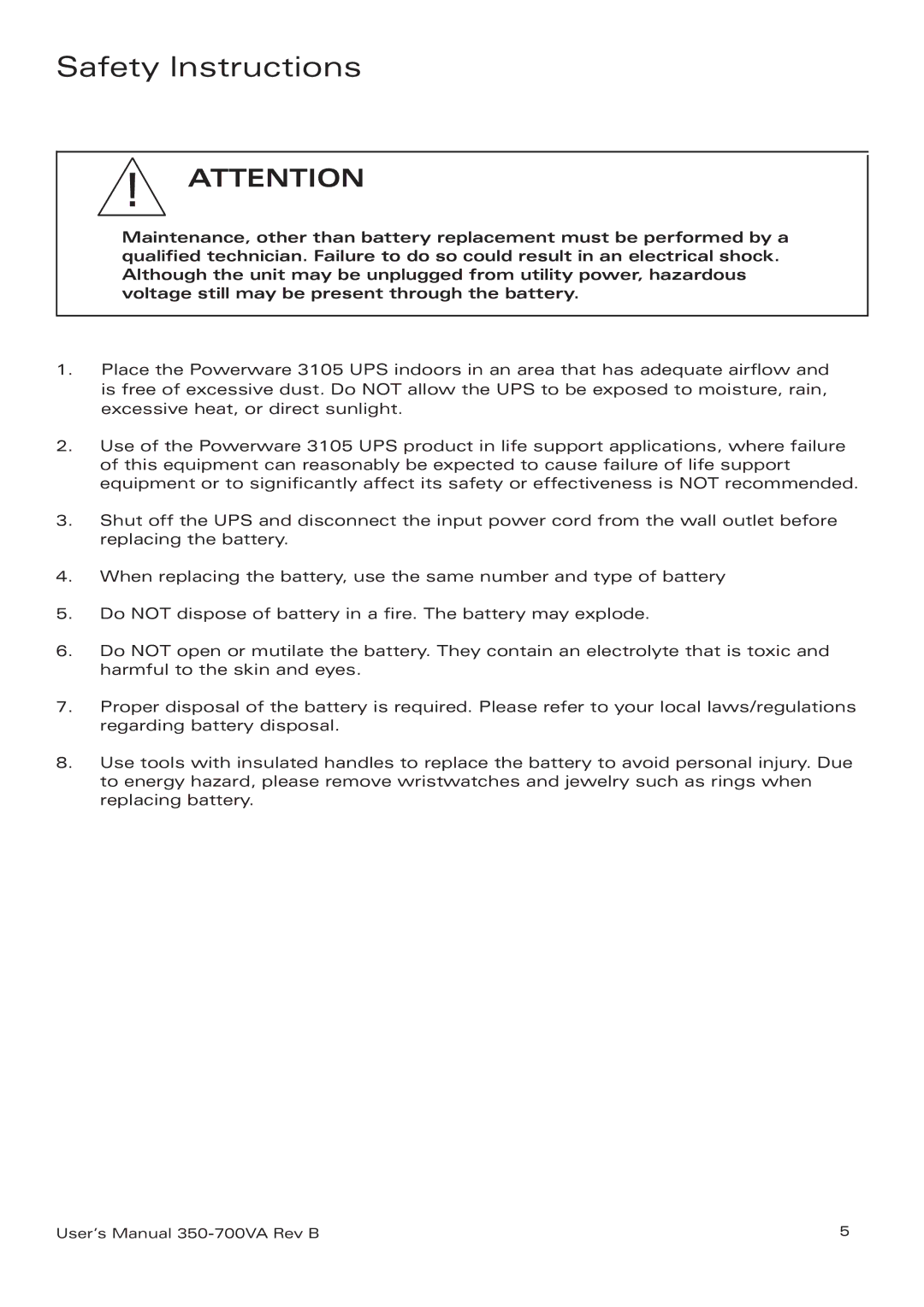 Eaton Electrical 3105 UPS manual Safety Instructions 