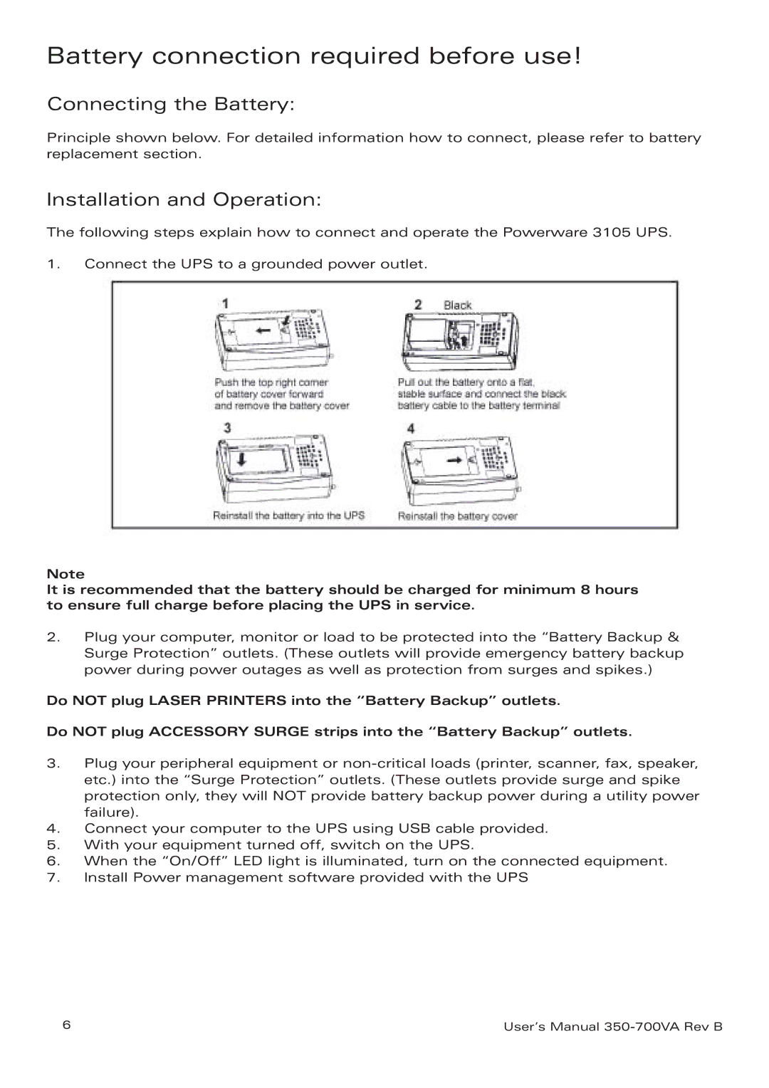 Eaton Electrical 3105 UPS manual Battery connection required before use, Connecting the Battery, Installation and Operation 