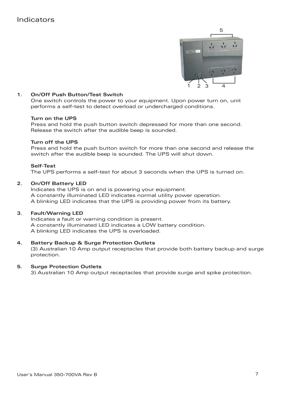 Eaton Electrical 3105 UPS manual Indicators, On/Off Push Button/Test Switch 