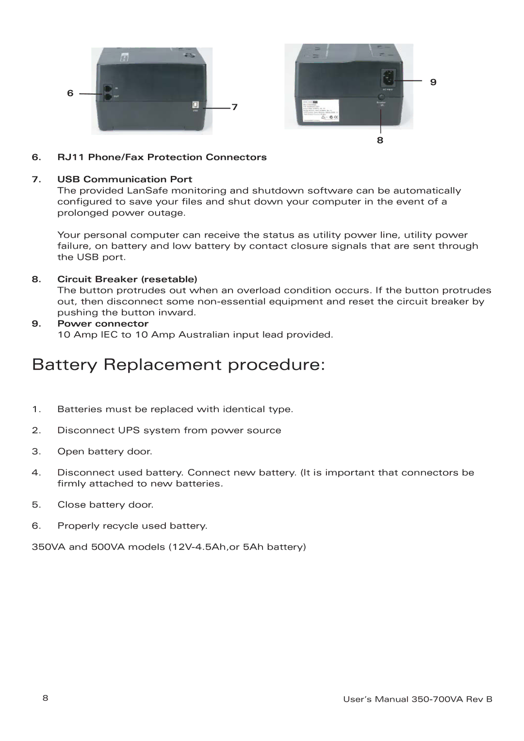 Eaton Electrical 3105 UPS manual Battery Replacement procedure, RJ11 Phone/Fax Protection Connectors USB Communication Port 