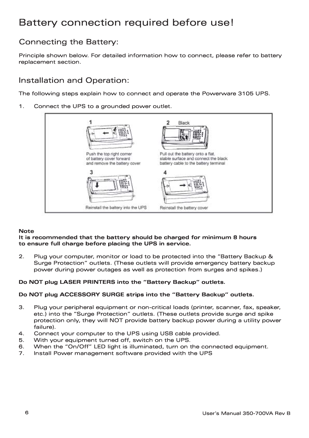 Eaton Electrical 3105 UPS manual Battery connection required before use, Connecting the Battery, Installation and Operation 