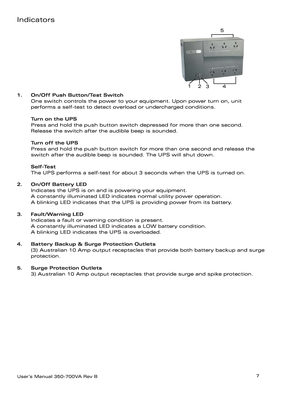 Eaton Electrical 3105 UPS Indicators, 1. On/Off Push Button/Test Switch, Turn on the UPS, Turn off the UPS, Self-Test 