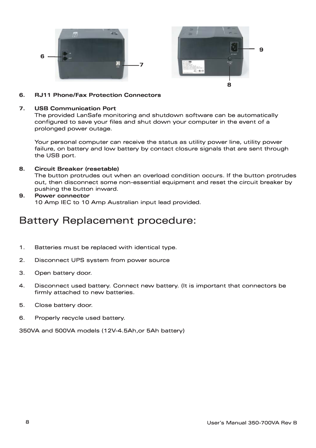 Eaton Electrical 3105 UPS Battery Replacement procedure, 6. RJ11 Phone/Fax Protection Connectors 7. USB Communication Port 