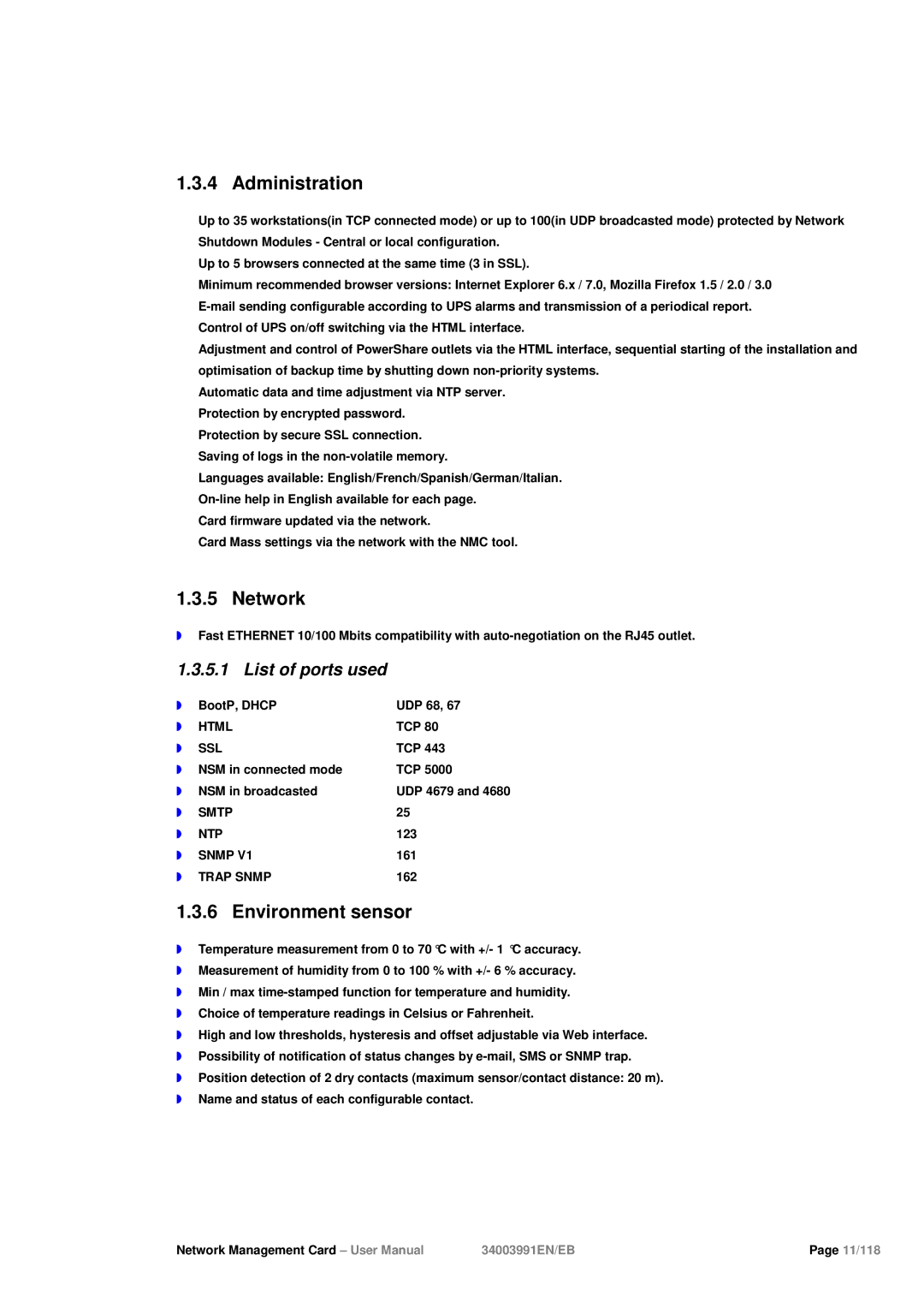 Eaton Electrical 34003991EN/EB user manual Administration, Network, Environment sensor, List of ports used 