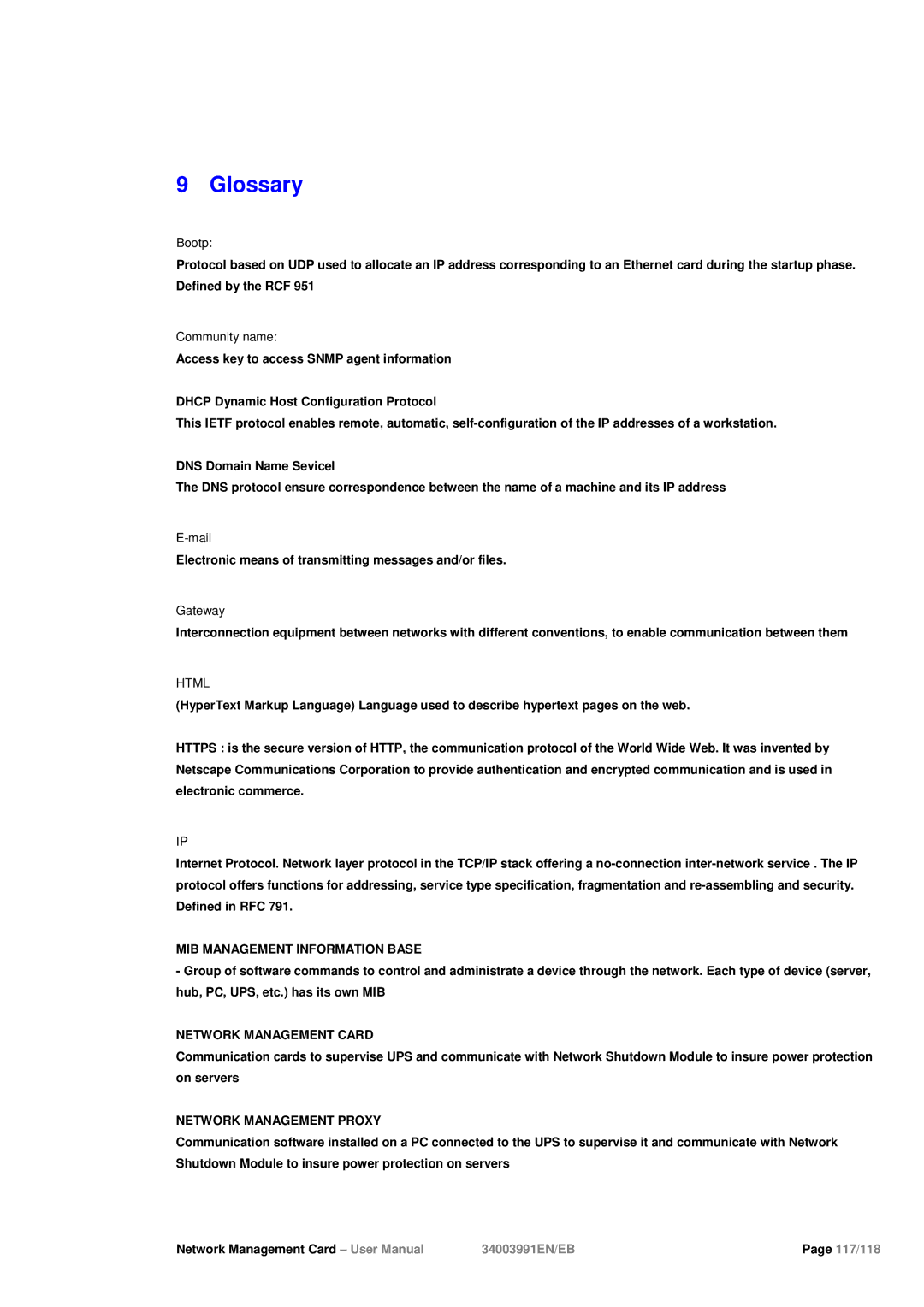 Eaton Electrical 34003991EN/EB user manual Glossary, MIB Management Information Base, Network Management Proxy 