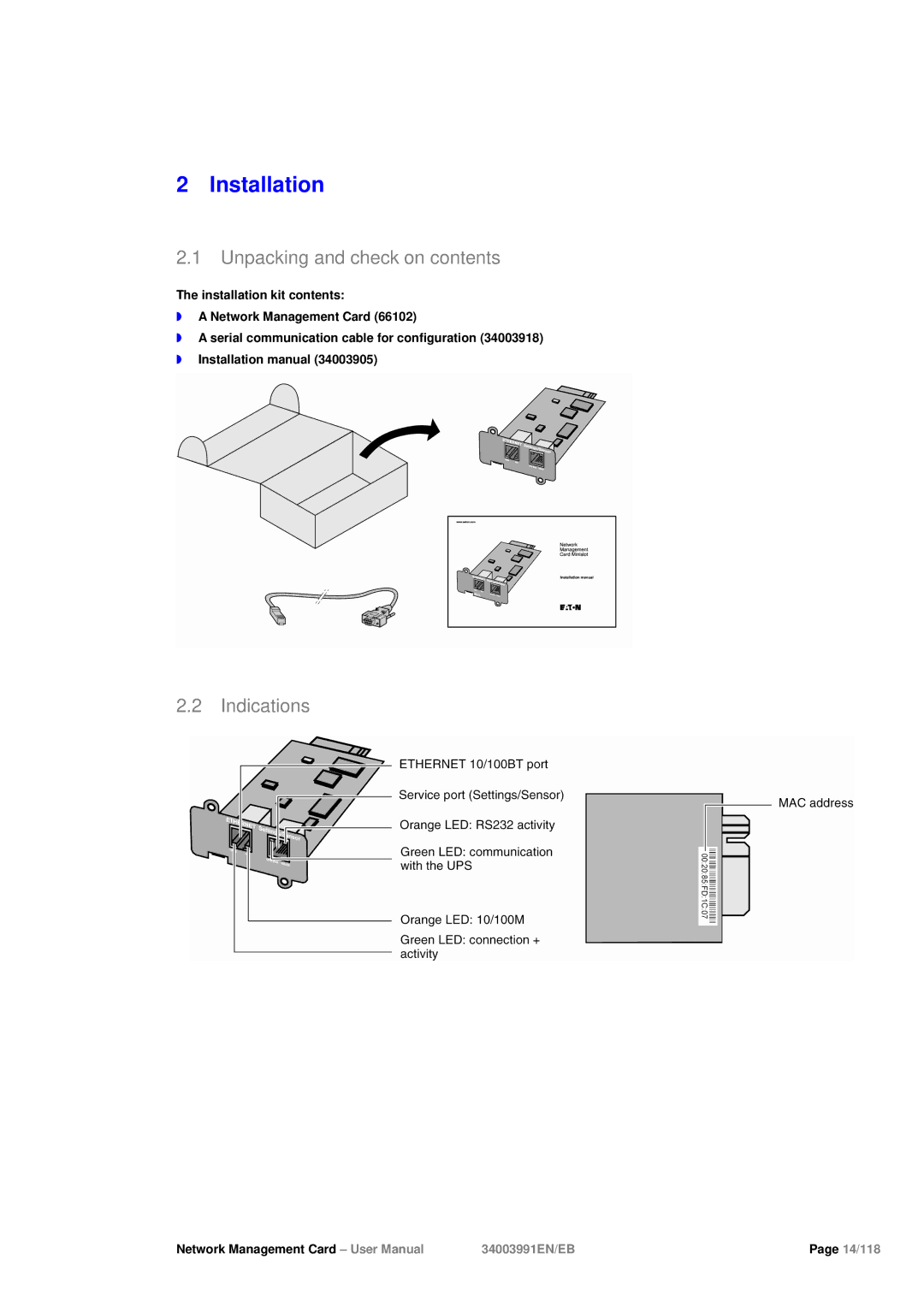 Eaton Electrical 34003991EN/EB user manual Installation, Unpacking and check on contents, Indications 