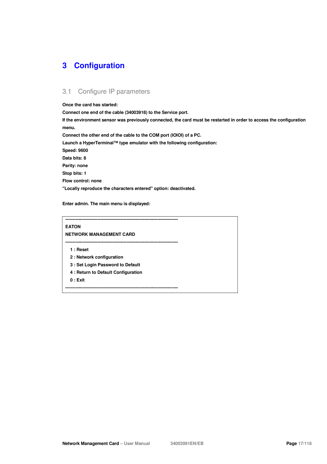 Eaton Electrical 34003991EN/EB user manual Configuration, Configure IP parameters, Eaton Network Management Card 