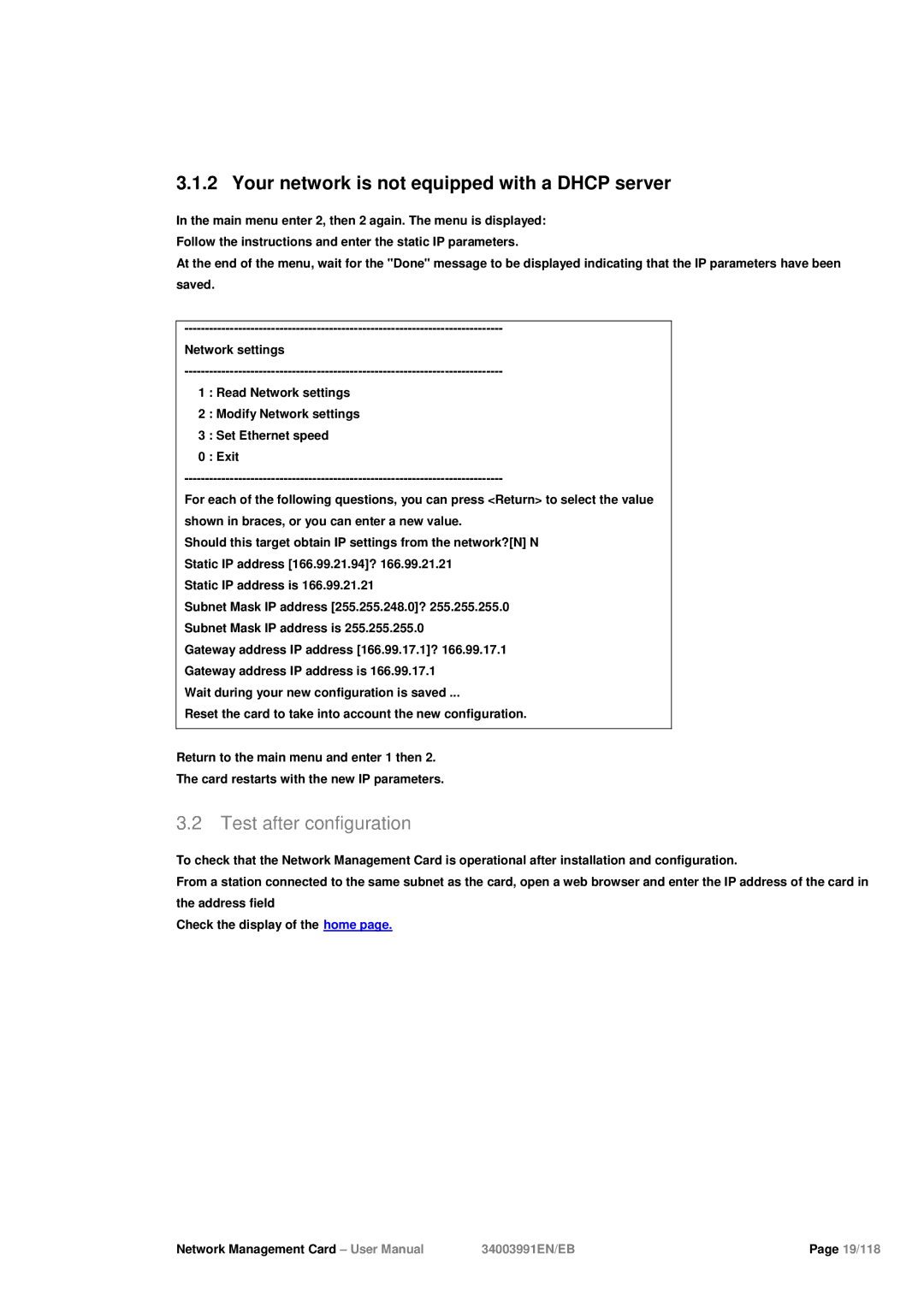 Eaton Electrical 34003991EN/EB user manual Your network is not equipped with a Dhcp server, Test after configuration 