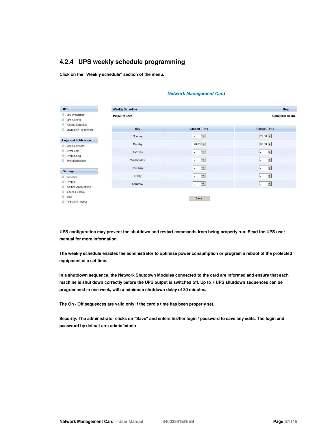 Eaton Electrical 34003991EN/EB user manual UPS weekly schedule programming 