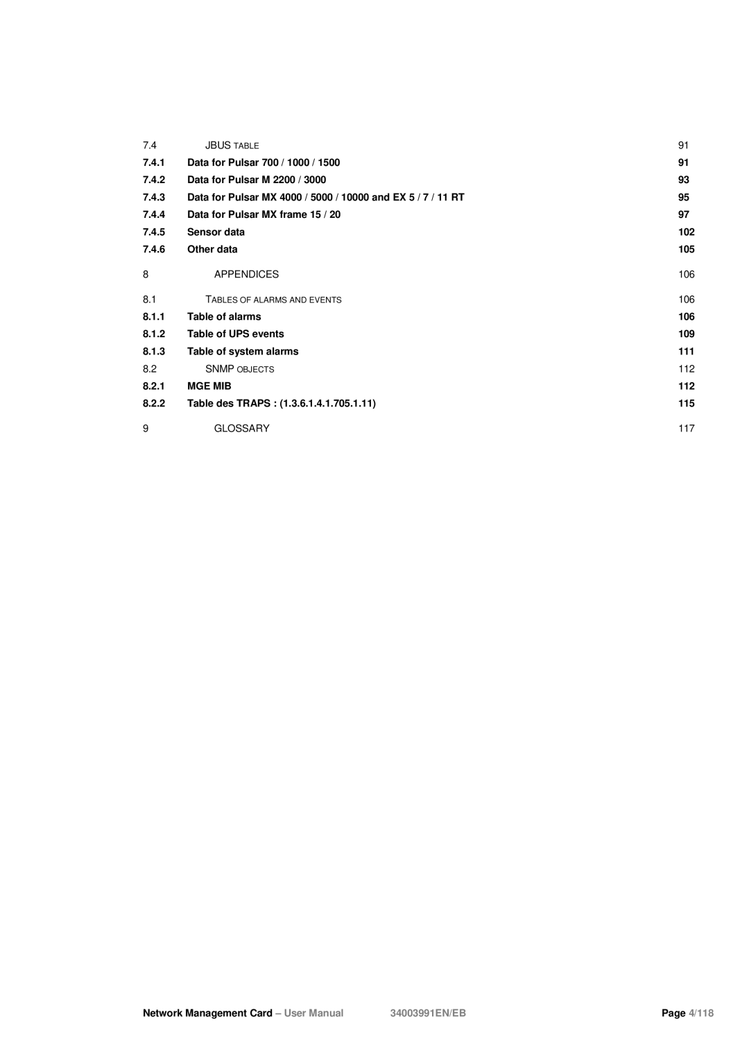 Eaton Electrical 34003991EN/EB user manual Jbus Table, Appendices, Mge Mib, Glossary 