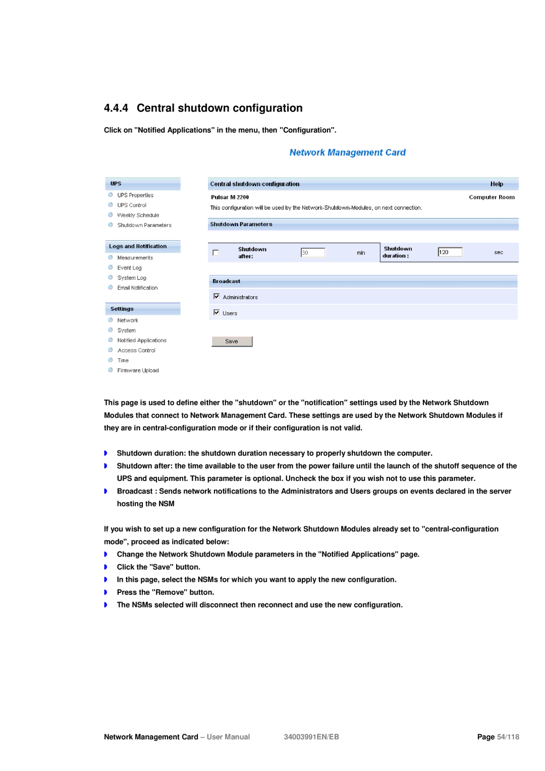 Eaton Electrical 34003991EN/EB user manual Central shutdown configuration 