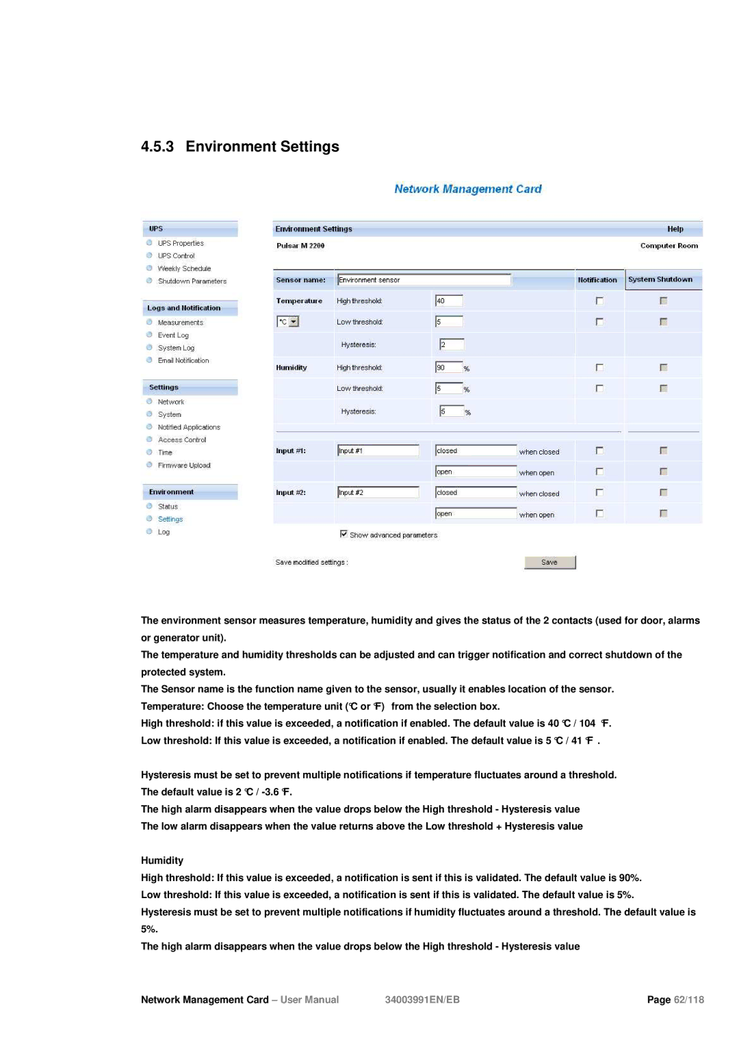 Eaton Electrical 34003991EN/EB user manual Environment Settings 