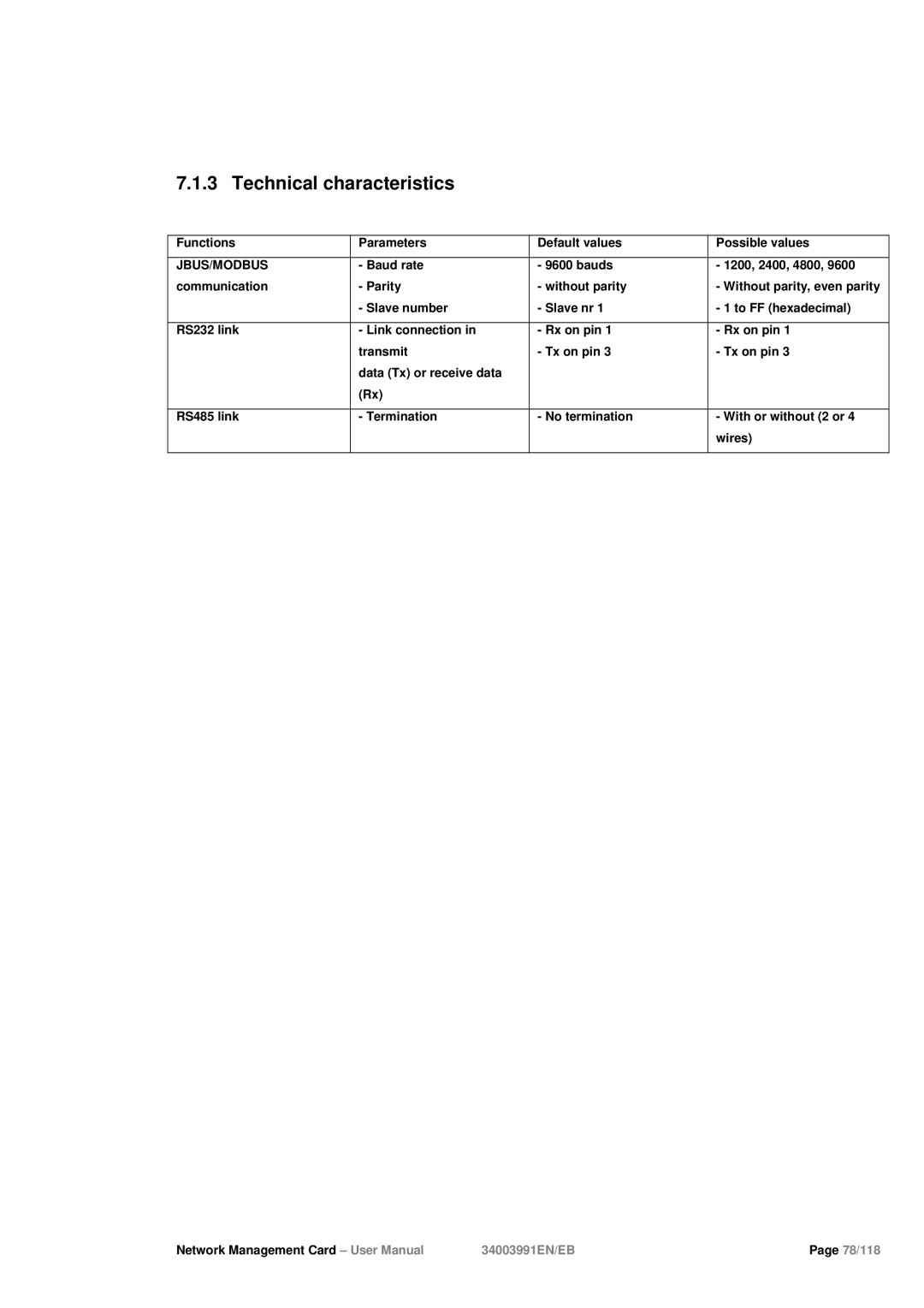 Eaton Electrical 34003991EN/EB user manual Technical characteristics, Jbus/Modbus 