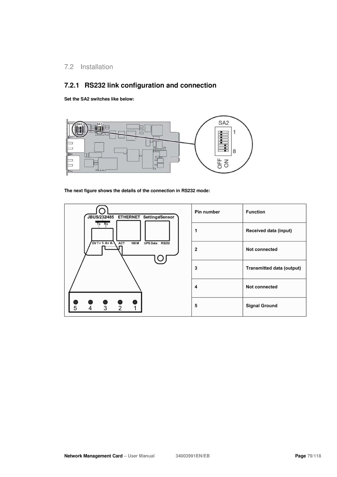 Eaton Electrical 34003991EN/EB user manual Installation, 1 RS232 link configuration and connection 