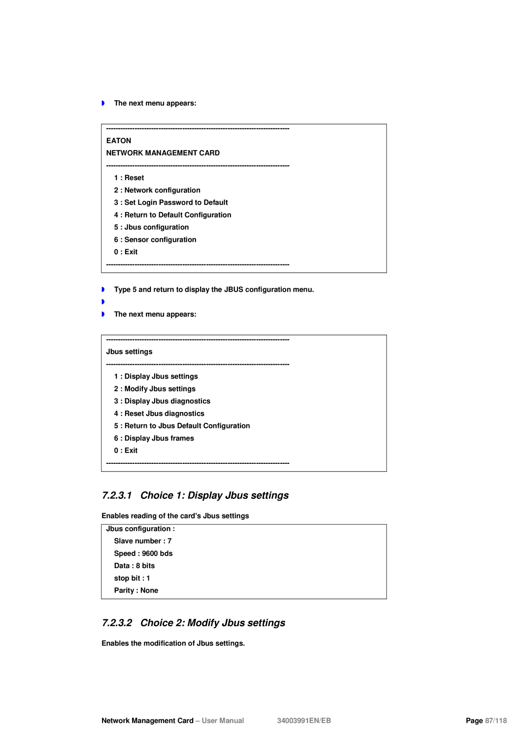 Eaton Electrical 34003991EN/EB user manual Choice 1 Display Jbus settings, Choice 2 Modify Jbus settings 