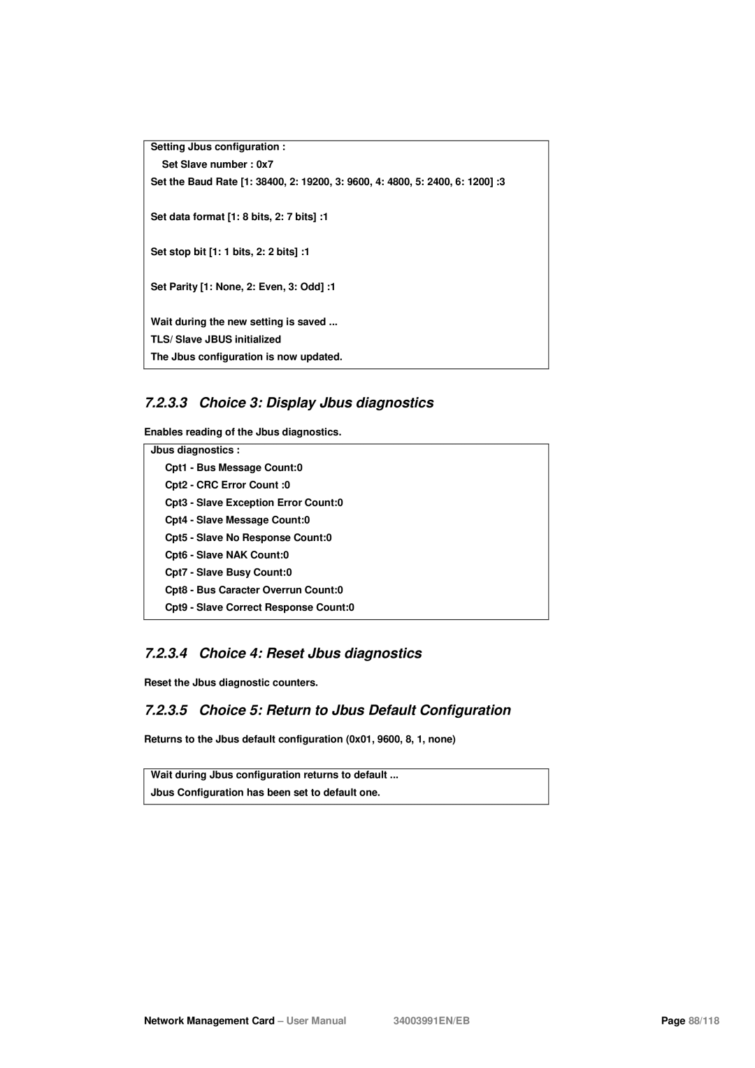 Eaton Electrical 34003991EN/EB user manual Choice 3 Display Jbus diagnostics, Choice 4 Reset Jbus diagnostics 