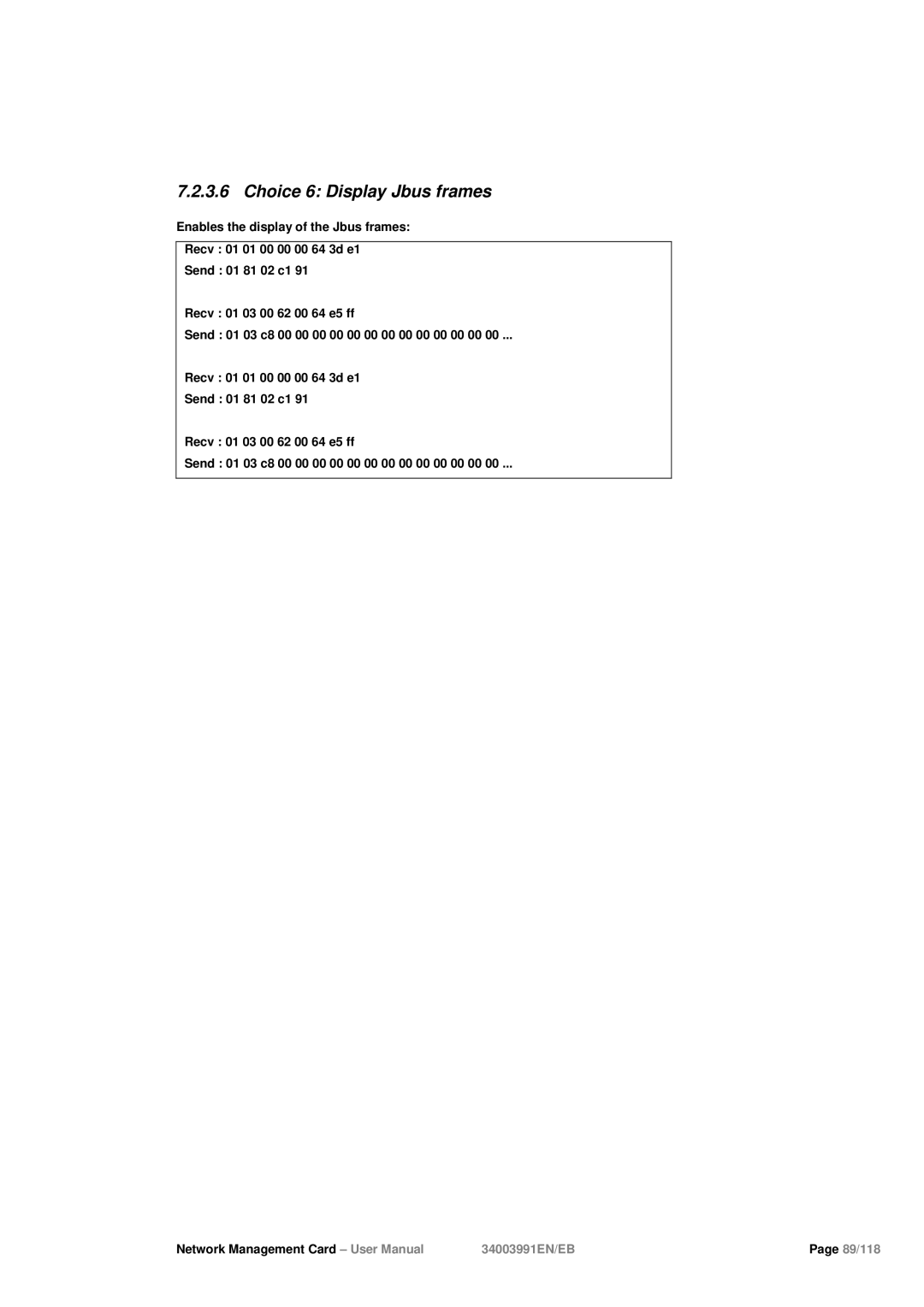 Eaton Electrical 34003991EN/EB user manual Choice 6 Display Jbus frames 