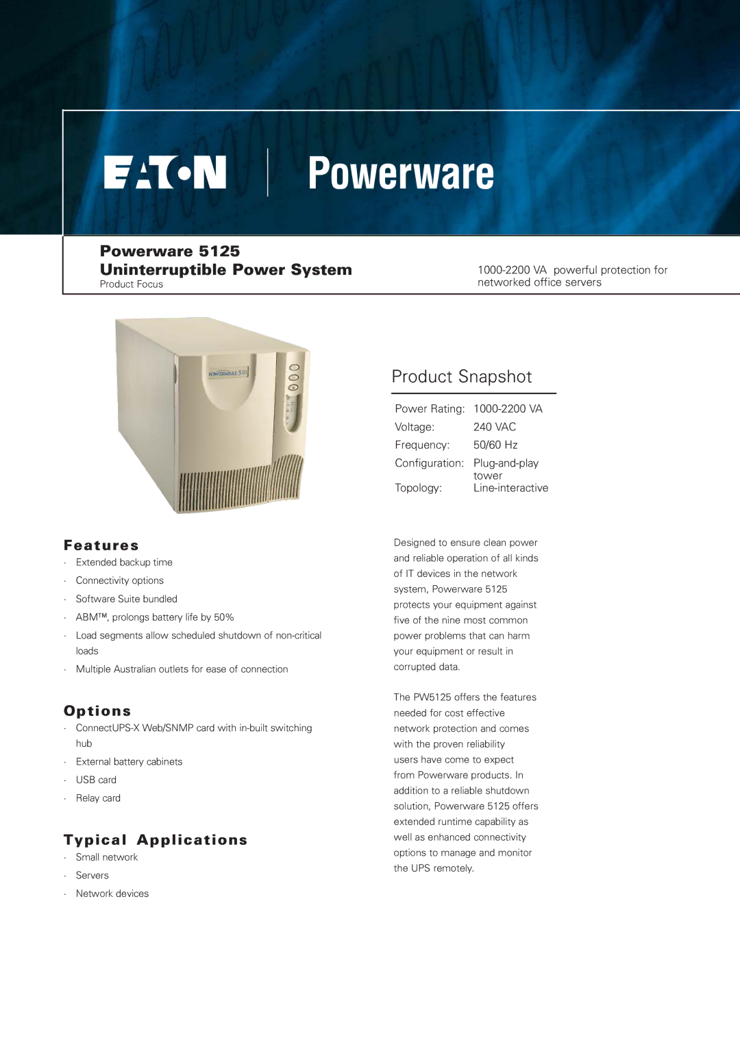 Eaton Electrical 5125 manual Product Snapshot, Features, Options, Typical Applications 