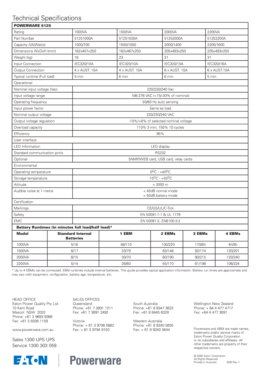 Eaton Electrical 5125 manual Technical Specifications, Powerware, Ebm 