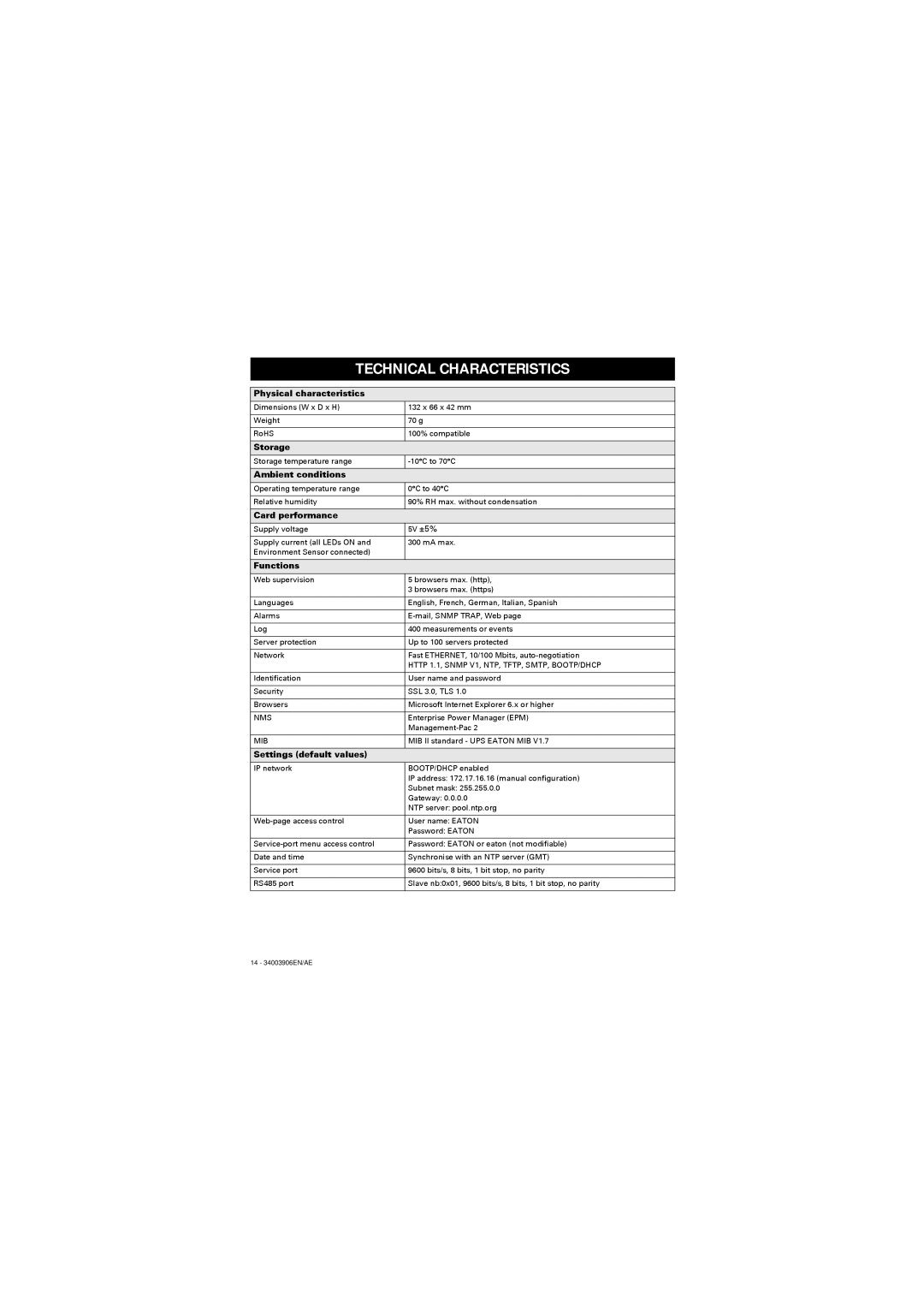 Eaton Electrical 66103 installation manual Technical Characteristics 