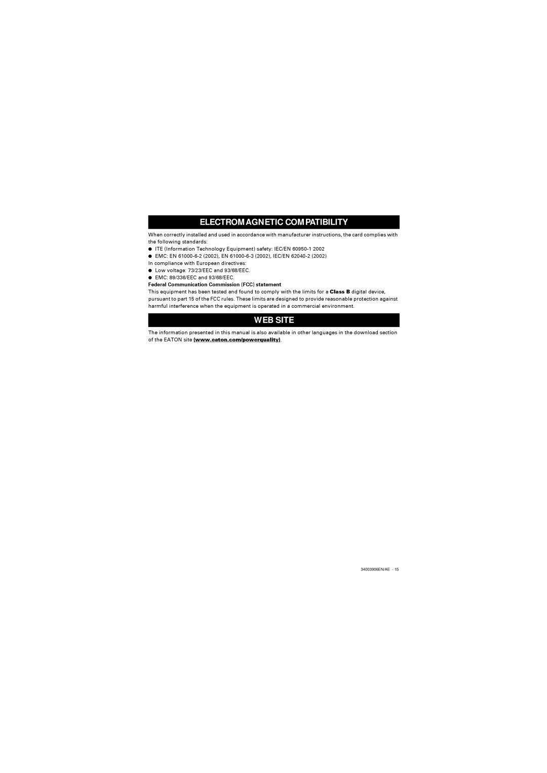 Eaton Electrical 66103 Electromagnetic Compatibility, WEB Site, Federal Communication Commission FCC statement 