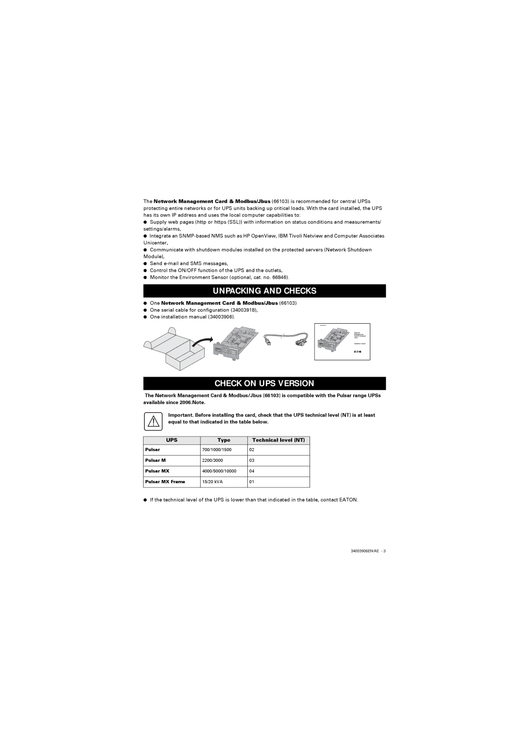 Eaton Electrical 66103 Unpacking and Checks, Check on UPS Version, One Network Management Card & Modbus/Jbus 