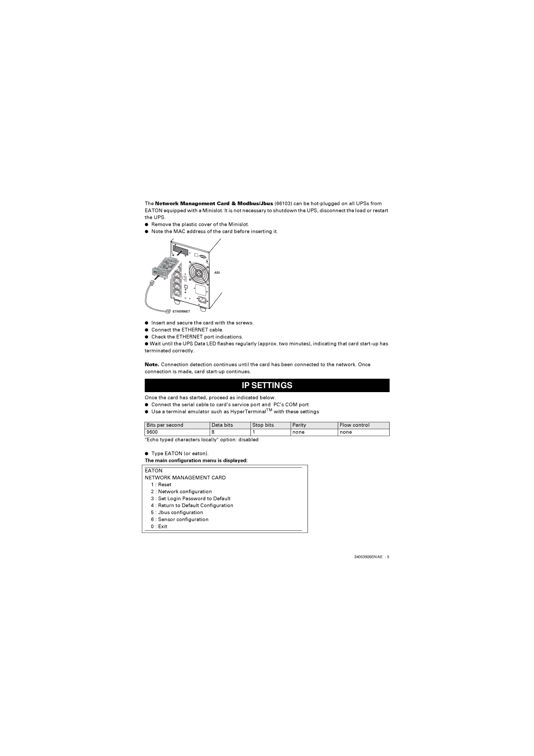 Eaton Electrical 66103 installation manual IP Settings, Main configuration menu is displayed 