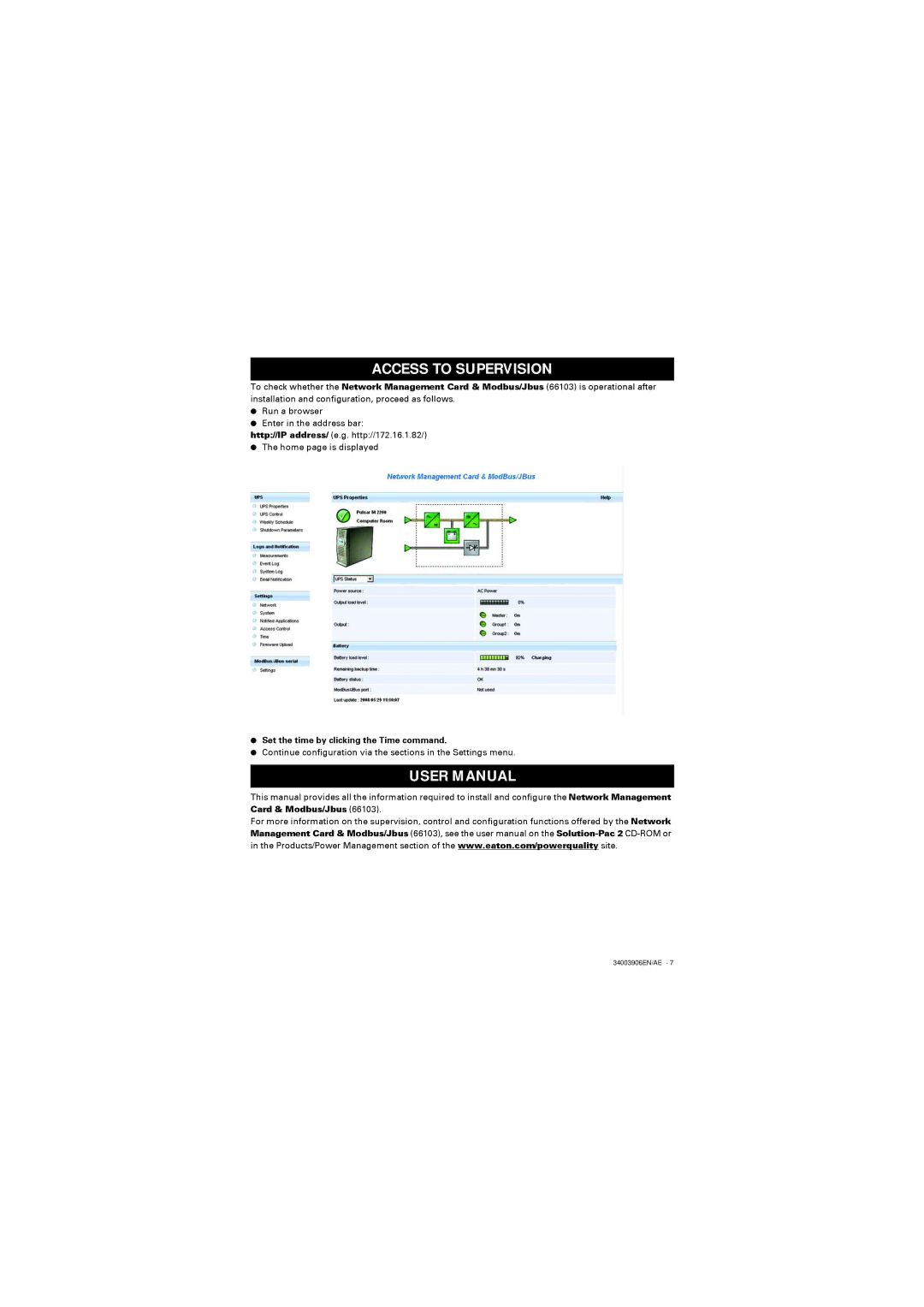 Eaton Electrical 66103 installation manual Access to Supervision, Set the time by clicking the Time command 